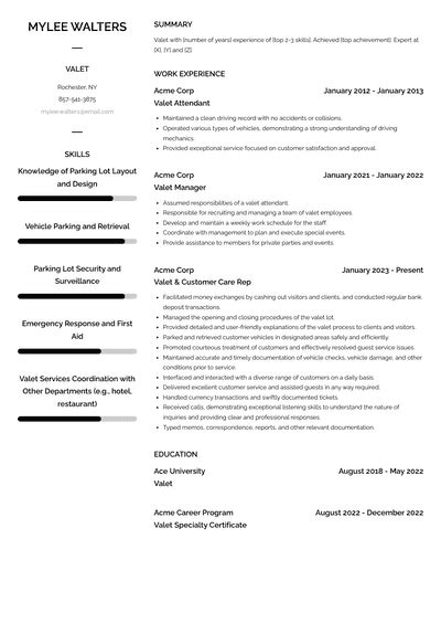 Valet Supervisor Resume