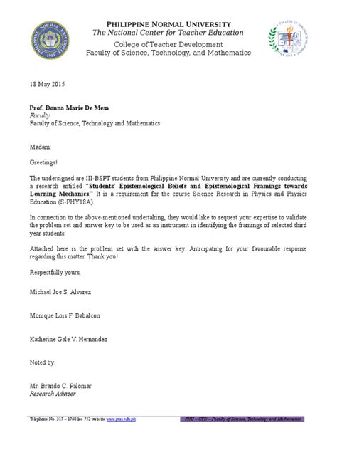 validation of instrument in research example letter