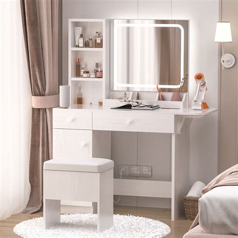 Vanity Set With Round Lighted Mirror White