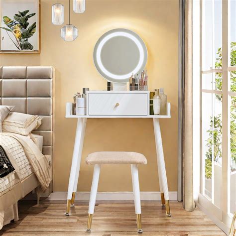 Vanity Table Set With Adjustable Brightness Mirror And Cushioned Stool