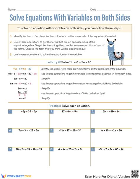 variables on both sides worksheet answer key