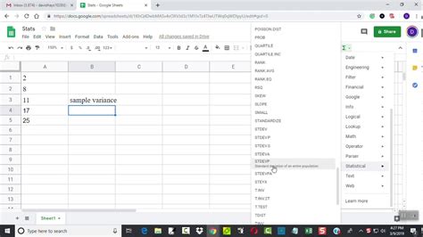 Google Sheets Finding Sample Variance YouTube