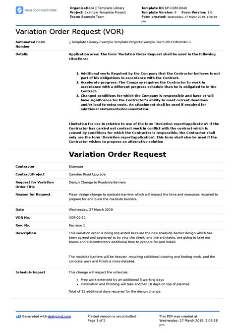 Variation Order Request Template