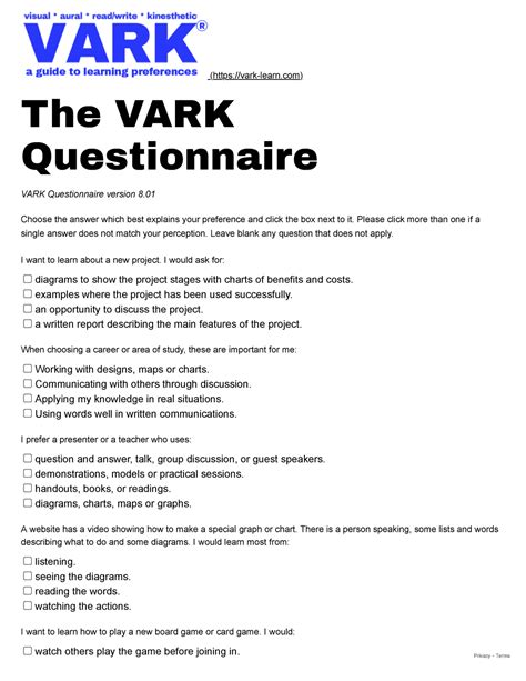 Vark Questionnaire Printable Version - Quiz Questions And Answers