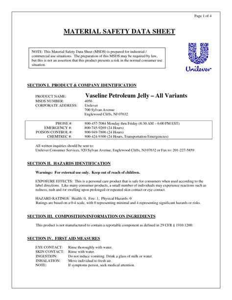 vaseline petroleum jelly msds