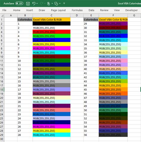 vba rgb color codes list