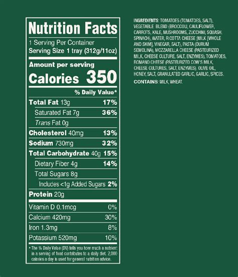 veggie lasagna nutrition facts