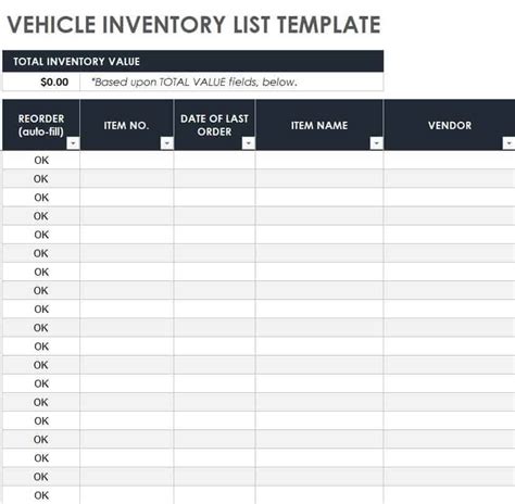 Vehicle Inventory List Template Excel
