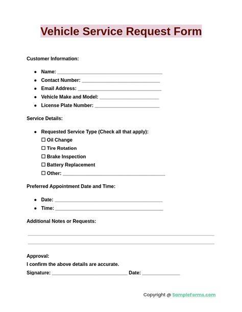 vehicle service request form template