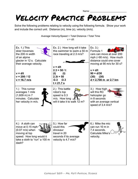 velocity problems worksheet with answers