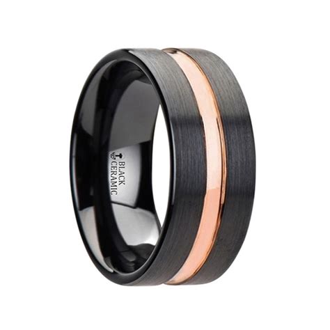 venice black ceramic wedding band with rose gold groove