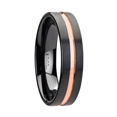 venice black ceramic wedding band with rose gold groove