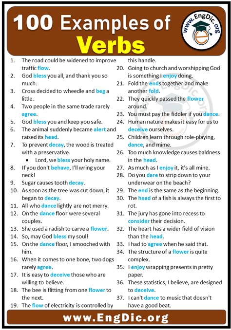 verb examples list with sentences