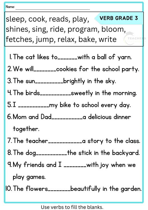 verb exercise for class 3rd with answers