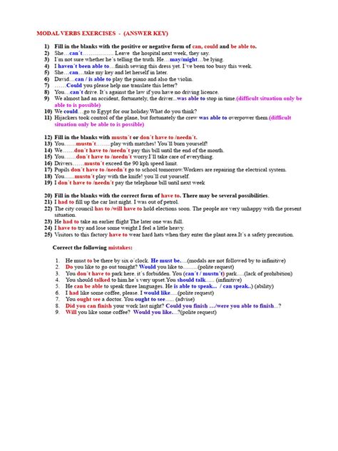 verb exercises with answer key pdf class 10