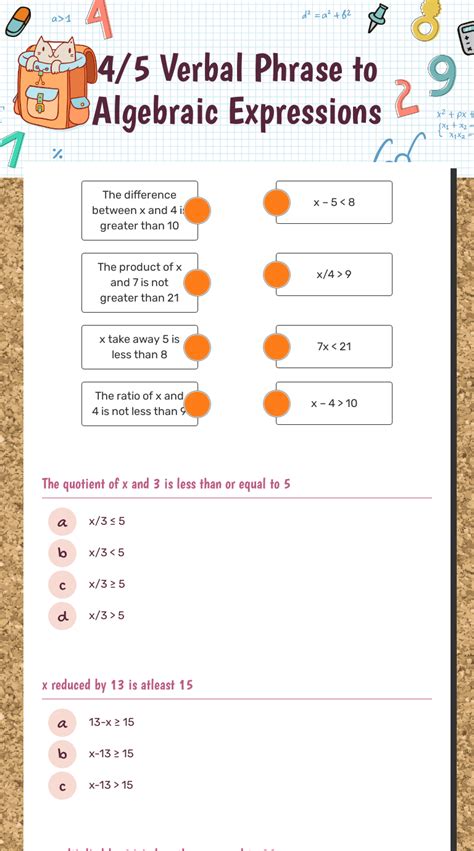 verbal statement to mathematical statement worksheet