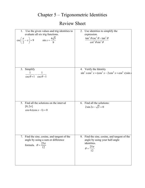 verify trig identities worksheet with answers