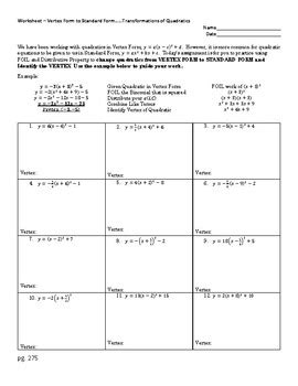 vertex form to standard form worksheet