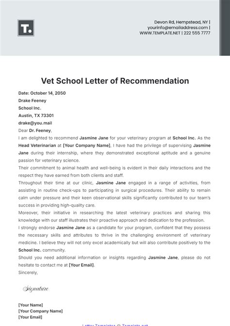Vet School Recommendation Letter Sample