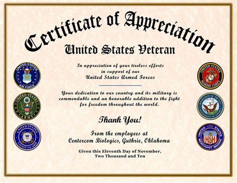Veteran Certificate Of Appreciation Template Free
