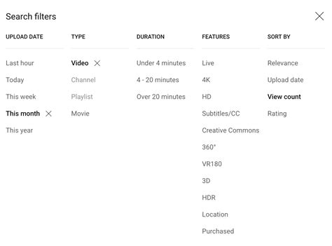 Video content filters for sorting by duration popularity and quality