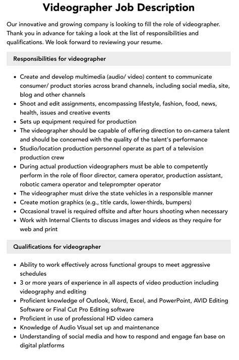 Videographer Associate Job Description