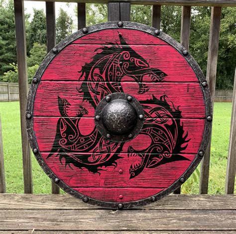 Red Fenrir Viking Shield with Battleworn finish Viking shield design