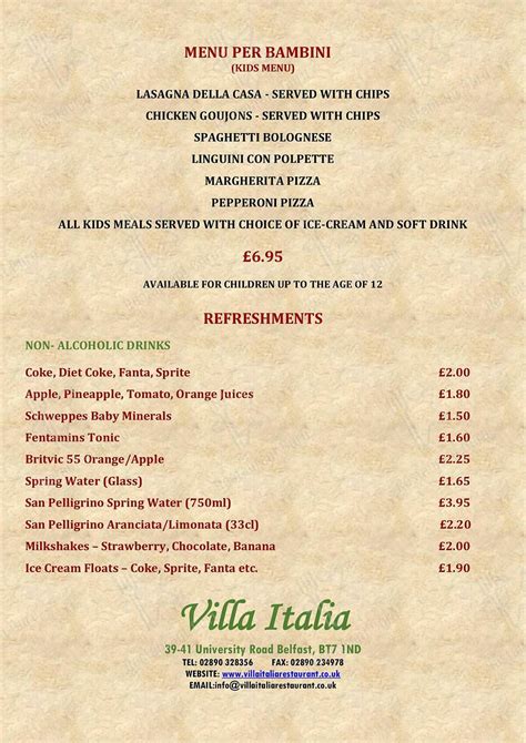villa italia catering menu