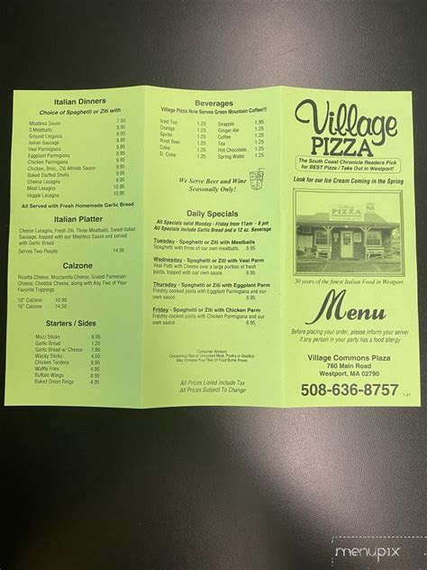 village pizza westport ma menu and prices