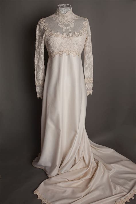 Vintage 1960s Beaded Wedding Dress Silk Chapel Train Sleeves Bridal