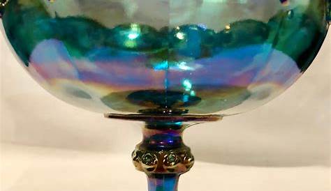 Vintage Blue Carnival Glass Compote Fruit Pedestal Bowl Footed