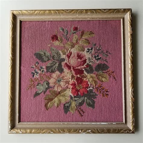 Vintage framed wool needlepoint pictures pink roses blue