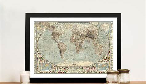World Map Wall Art for Office Vintage Wood Grain World Map Poster