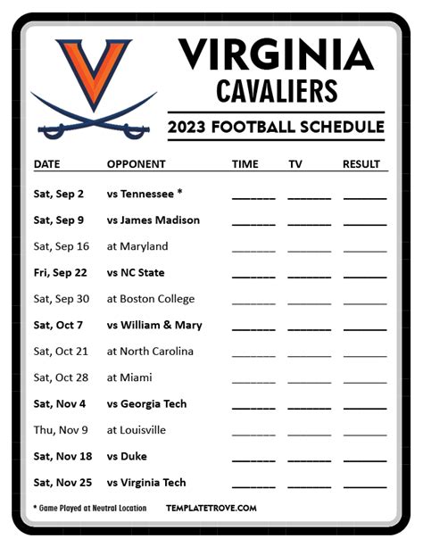 virginia cavaliers football schedule