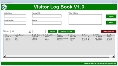 Visitors Book Template Excel