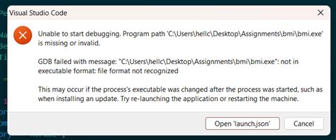 visual studio code unable to start debugging program path is missing or invalid