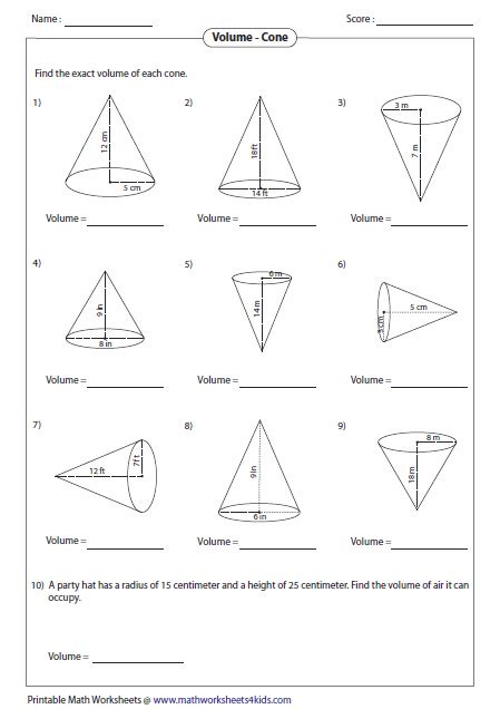 Volume of a Cone Worksheets in 2021 Worksheets, Word problems, Volume