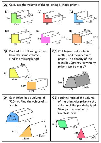 volume of prism worksheet tes