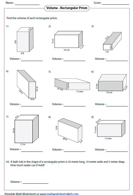 volume rectangular prism worksheet answer key