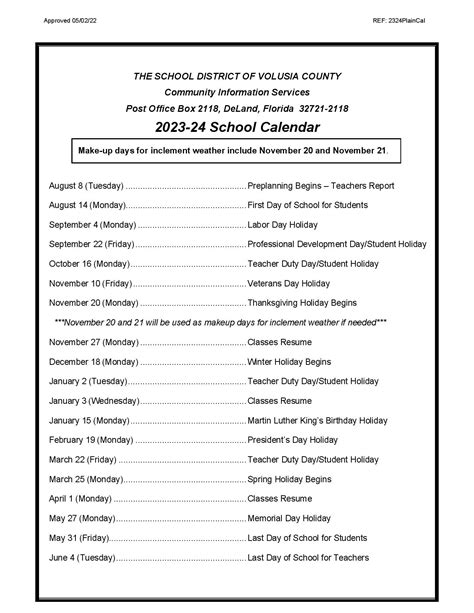Volusia County Public Schools Calendar