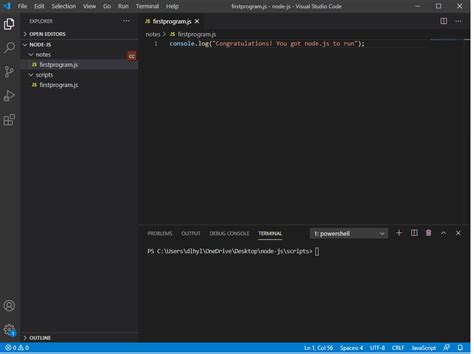 vs code add node js terminal