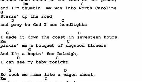 Song lyrics with guitar chords for Wagon Wheel