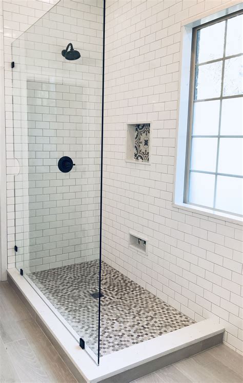Walk In Shower with Window Subway Tile Marble Decorative Niche