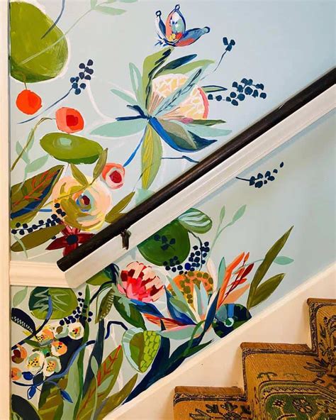 Floral Hand painted Mural in a bathroom by Artist Jill Block Bathroom