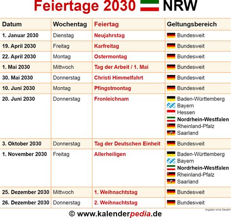 wann ist feiertag nrw