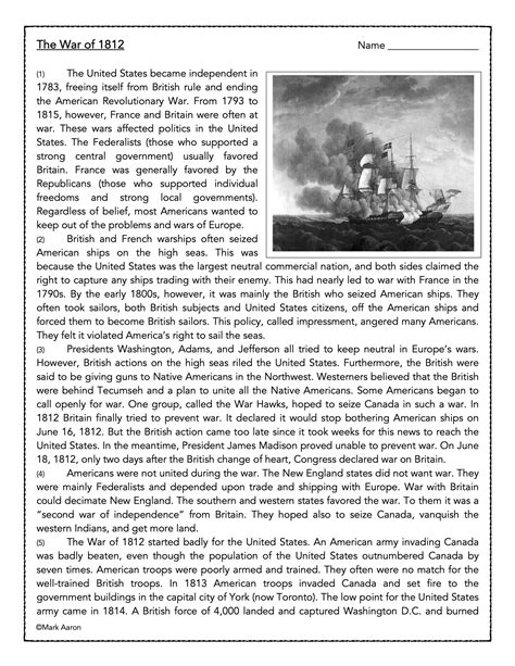 war of 1812 worksheet