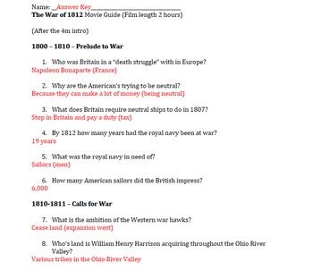 war of 1812 worksheet answer key
