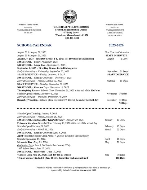 Wareham Public Schools Calendar