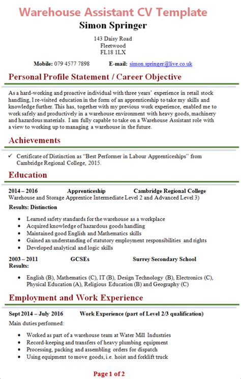 warehouse assistant cv example