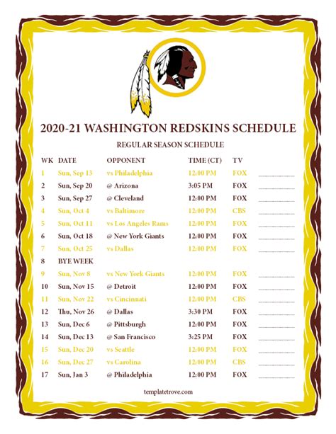 wash redskins schedule 2020
